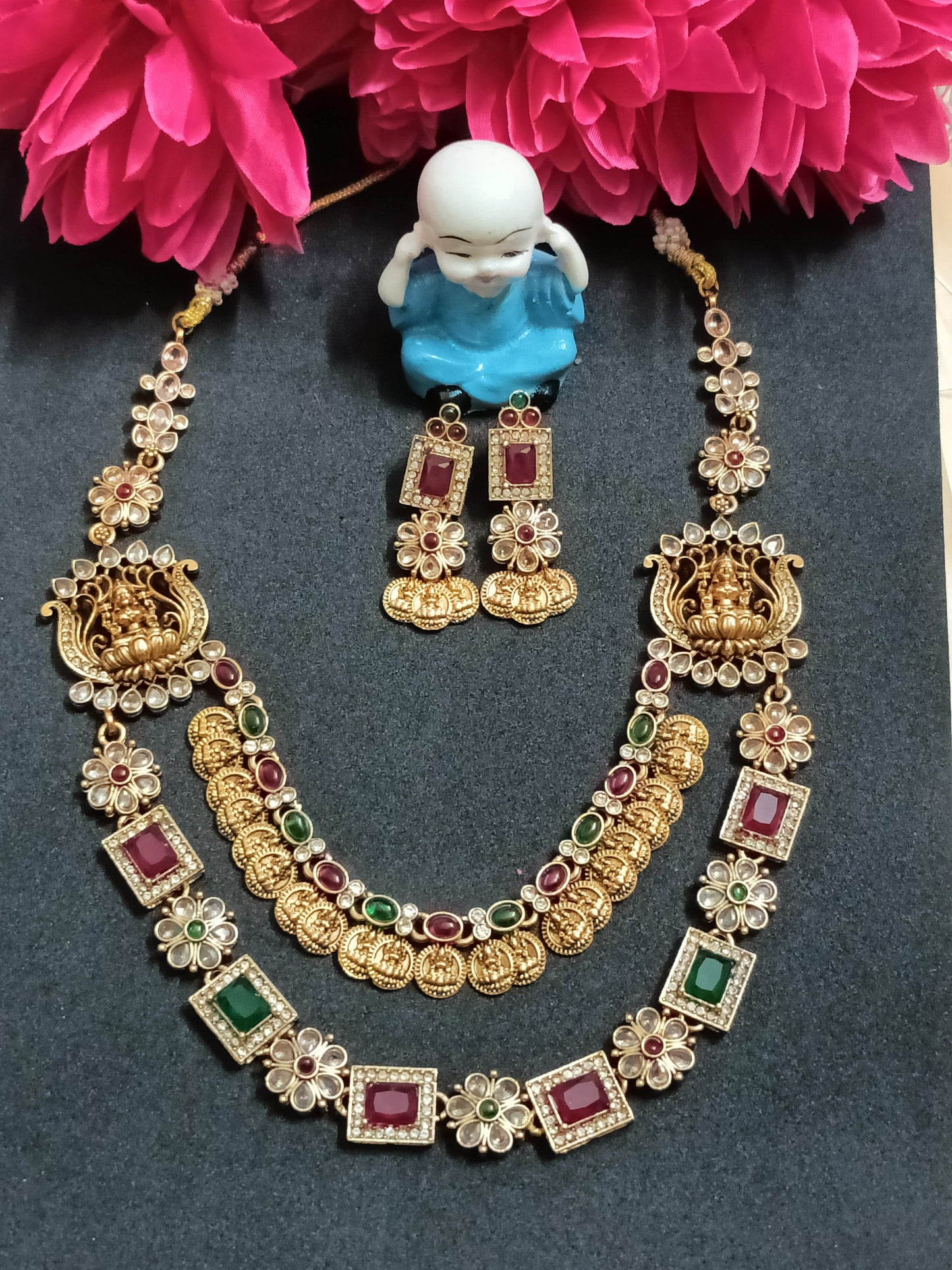 Unique Stone And Lakshmi Designed Double Layer Necklace with Grand Earrings