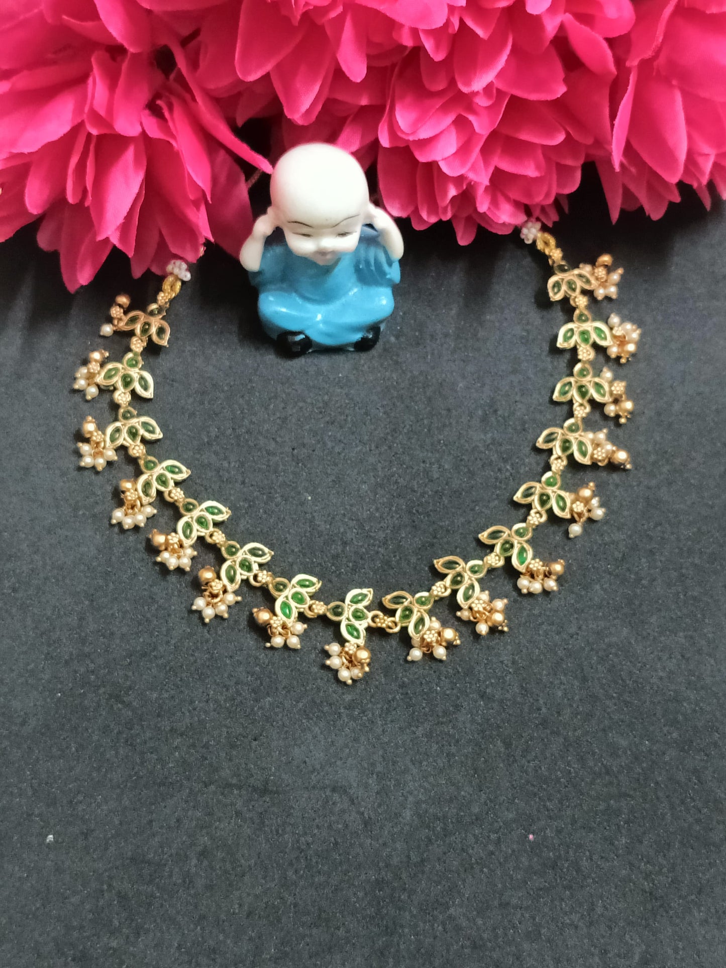Premium Lotus Green Stone And Pearl Necklace with Earrings