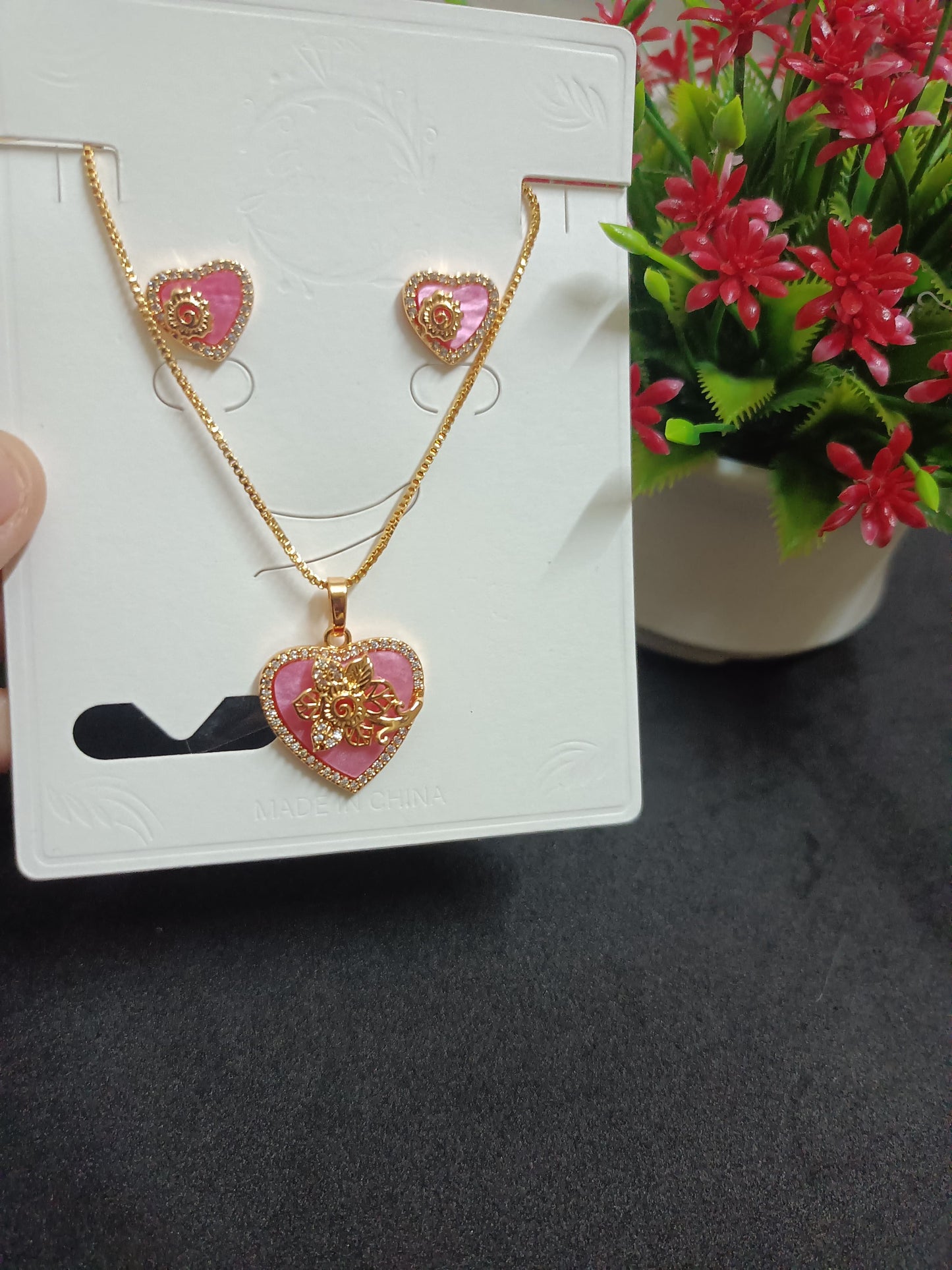 Heart Pendant Rose Gold Chain With Cute Earrings