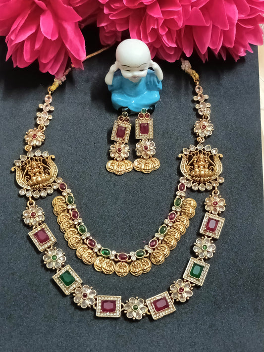 Unique Stone And Lakshmi Designed Double Layer Necklace with Grand Earrings